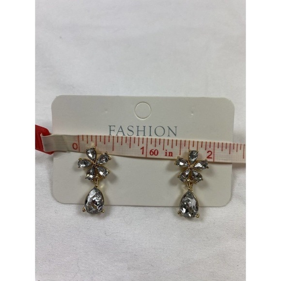 Clear Rhinestone Drop Earrings Gold Tone Flower Dangle Teardrop - Picture 6 of 12